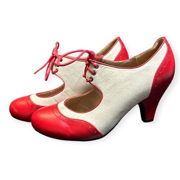 GRAHAM STREET Women’s Red White Lace-Up Vintage Style Heels Size 7.5 - Picture 3 of 8